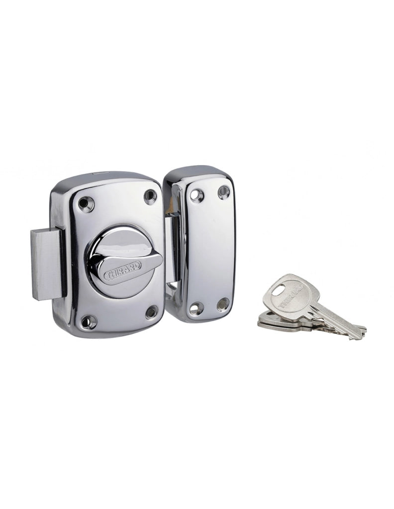 Chiavistello CORVETTE con pomolo e cilindro 45 mm, cromato, 3 chiavi – THIRARD