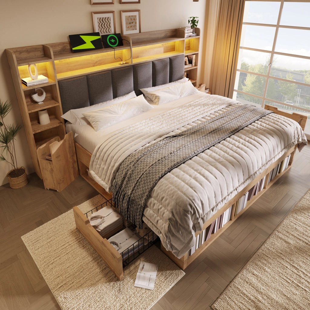 DESMIU Litto Combinato 160 × 200 cm 2 posti con LED, USB, Type-C, vano contenitore e cassetti, senza materasso, in legno, rovere