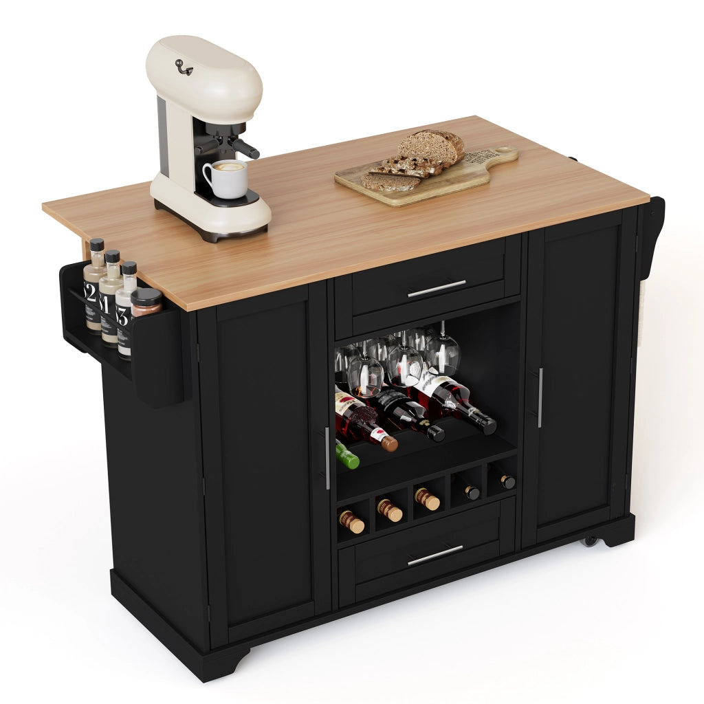 Carrello da Cucina Multifunzione con Piano Pieghevole, Portabottiglie, Portabicchieri ¨C Xylo ¨C Nero, 120x45x92 cm