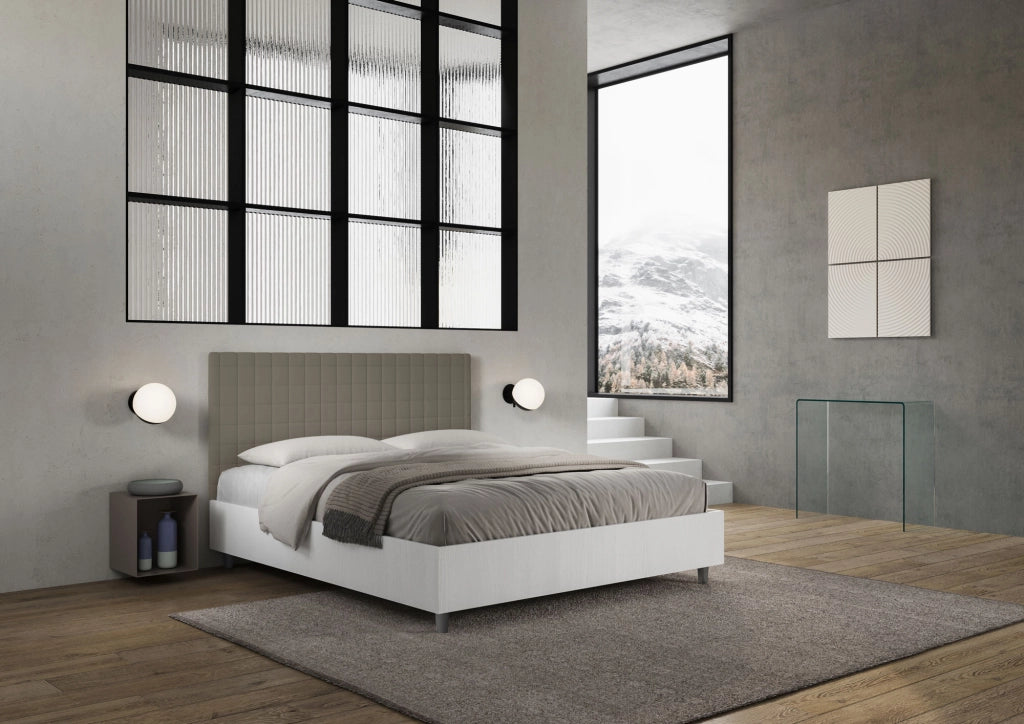 BS COM Letto matrimoniale contenitore 160x200 bianco frassino testata similpelle cappuccino