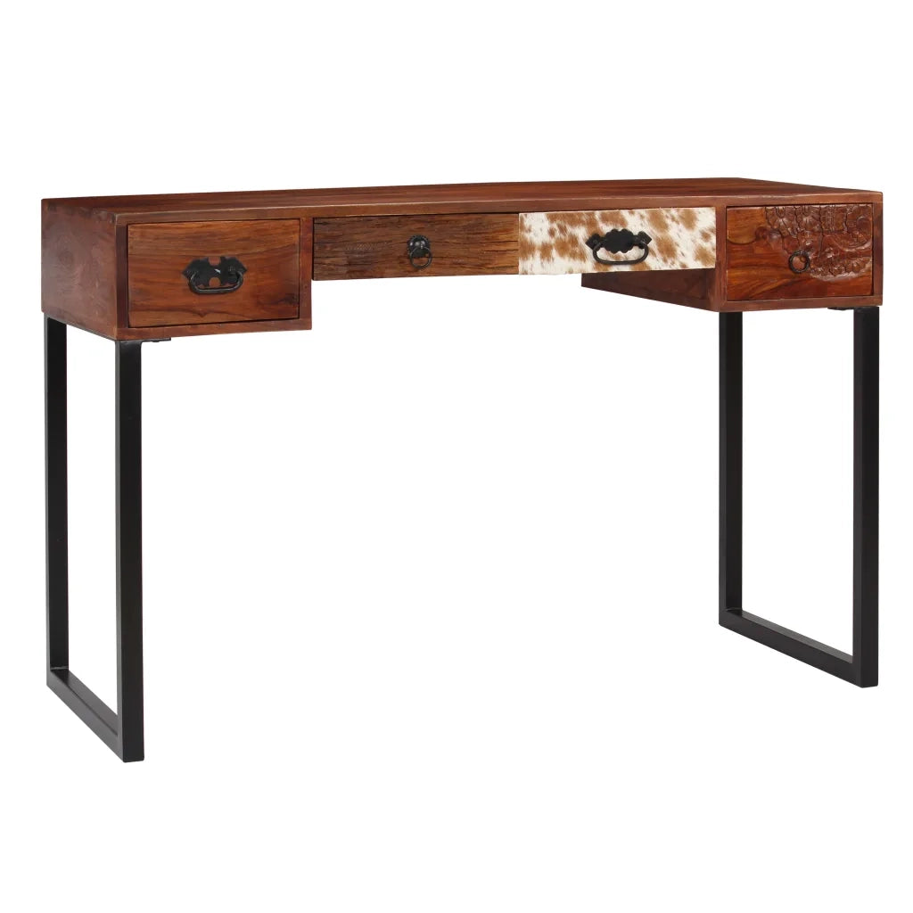Scrivania Legno Massello di Sheesham e Vera Pelle 117x50x76 cm cod mxl 66911