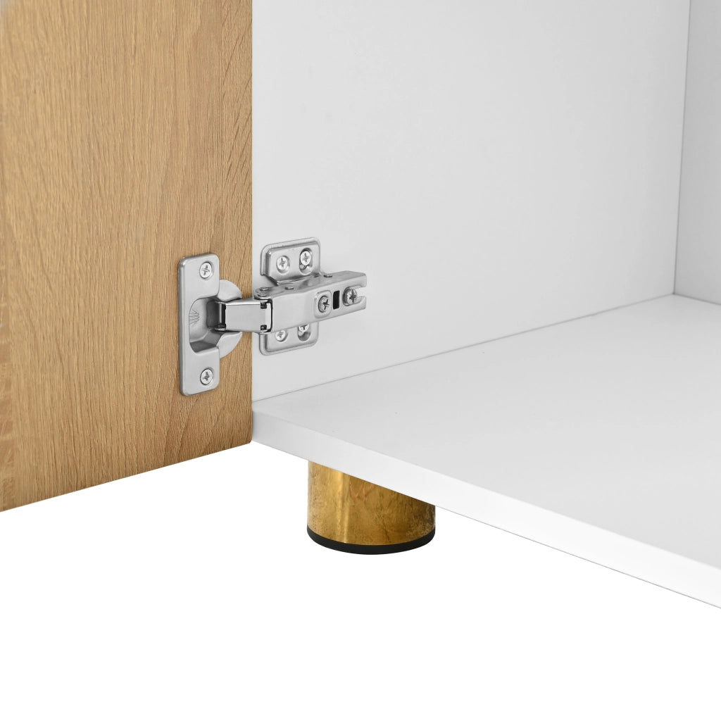 Mobile TV, mobile da ingresso, ante con rilievi curvi, gambe di sostegno in metallo, colore legno naturale