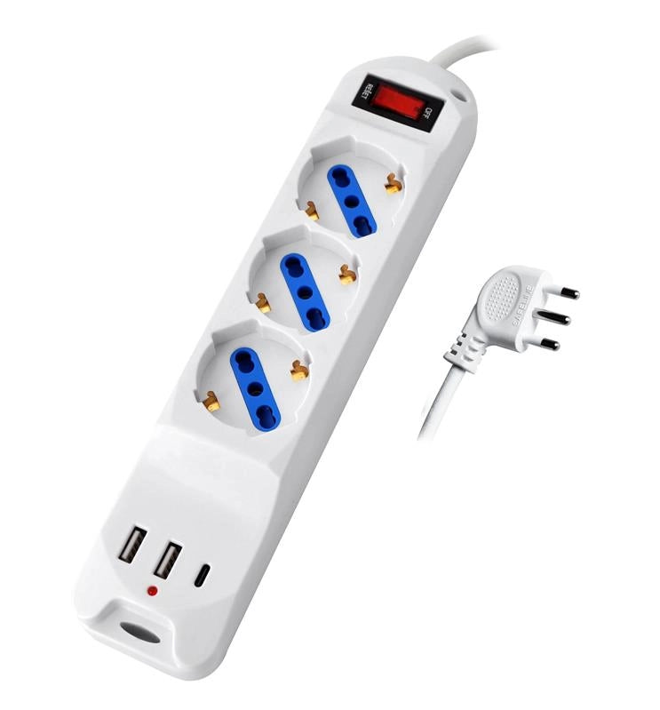 HIGH TECH MULTIPRESA 3 UNIVERSALI, 2 USB A, 1 USB C, SPINA SALVASPAZIO. CAVO 1,5 MT, RICARICA RAPIDA,  INTERRUTTORE AUTOMATICO DI SICUREZZA 2500W
