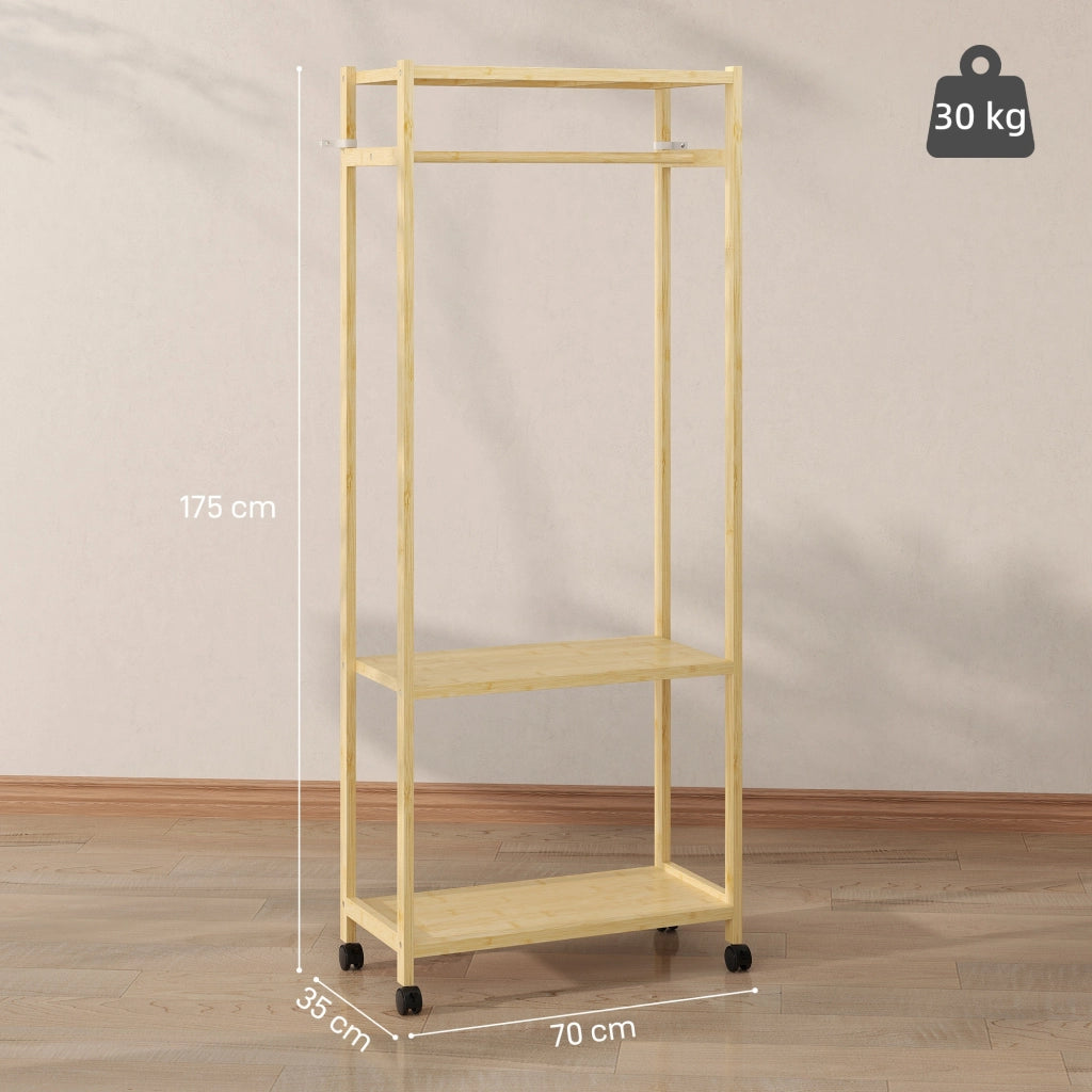 Appendiabiti da Terra con Ripiani e Ruote ¨C Zephmum ¨C Legno di Bamb¨´ 70x35x175 cm