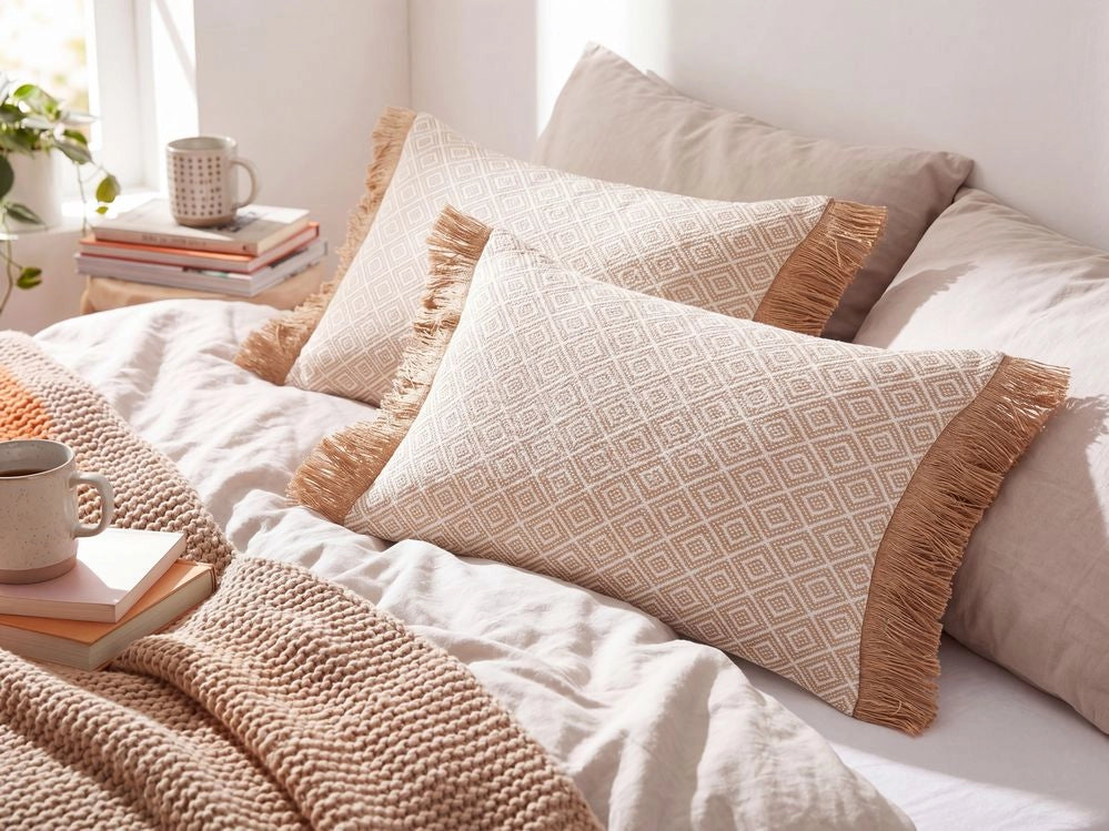 Set di 2 cuscini in poliestere beige con motivo geometrico 30 x 50 cm stile tradizionale salotto sala da pranzo