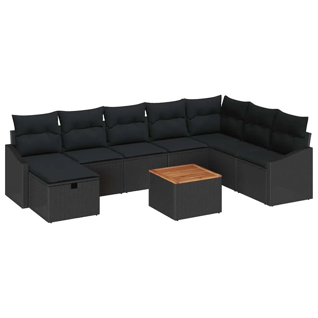 Set Divano da Giardino con cuscino 9 pcs Nero Poly Rattan