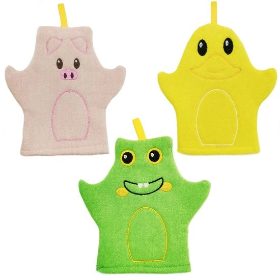 Manopole per bambini 3 pezzi - morbide/dermofili - progettate per bambini/bimbi - 19x19 cm - tessuto asciugamano - prevenzione cadute - manopole per lavaggio