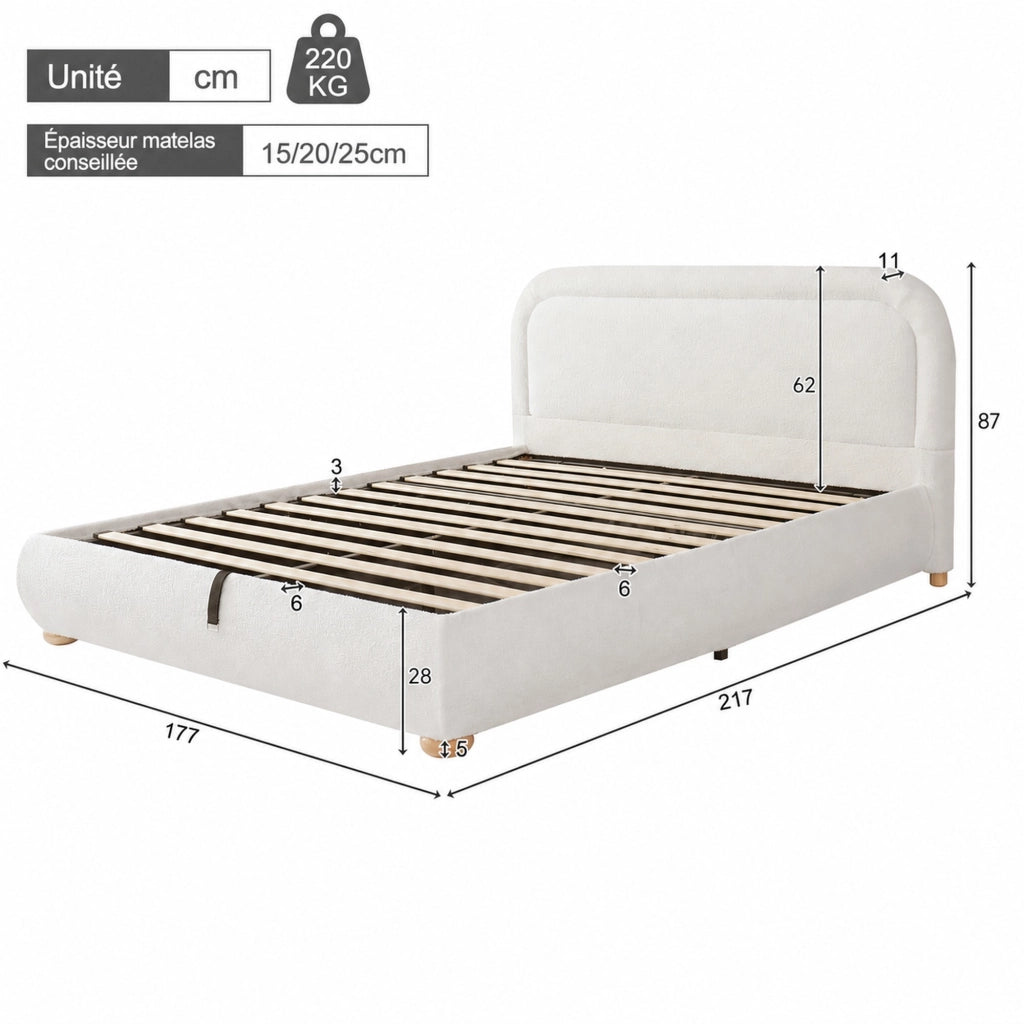 DESMIU Lit coffre 160 × 200 cm 2 posti con contenitore idraulico, senza materasso, in bouclé bianco