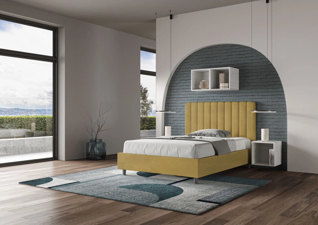 BS COM Letto una piazza e mezza contenitore imbottito 120x190 microfibra ocra
