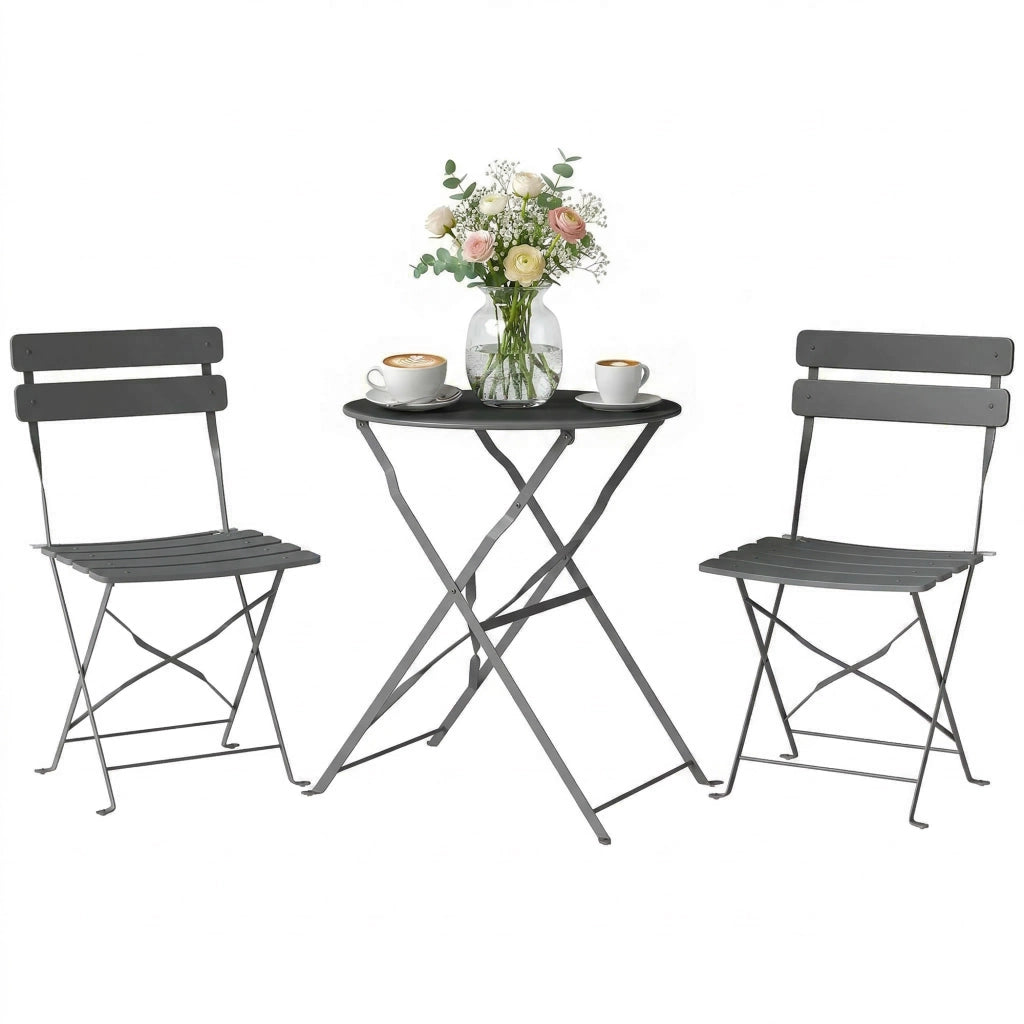 Set Bistrot Giardino 3 Pezzi Tavolo Pieghevole 2 Sedie Pieghevoli ¨C Xylo ¨C Metallo Grigio