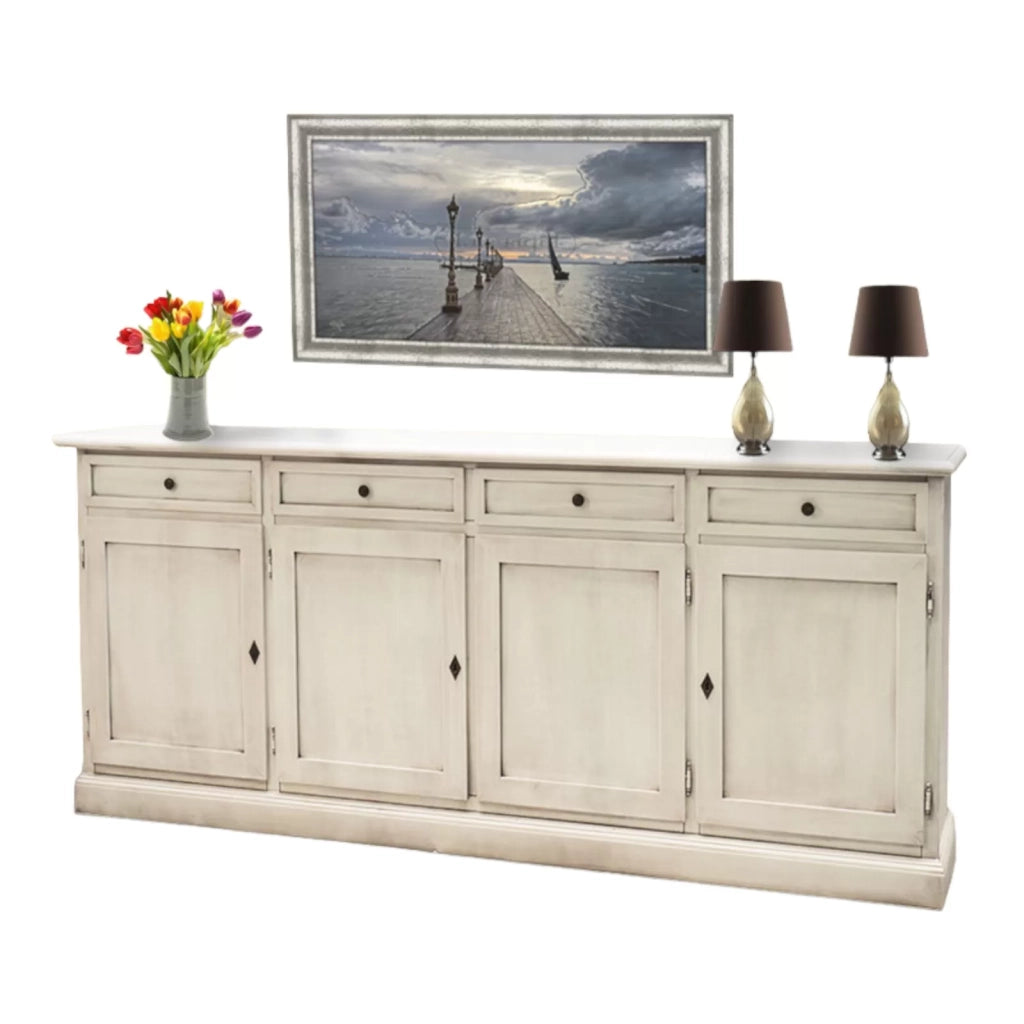Madia shabby chic bianca in legno 4 porte, bianco invecchiato 205x42x85 - Mobili 2G