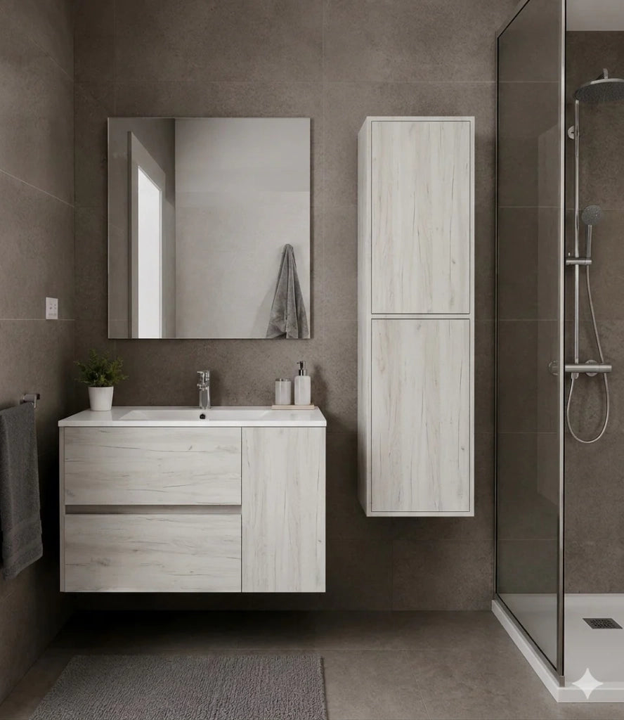Mobile Bagno HEIMDALL Già Montato 2 cassetti e porta, lavabo e specchio Bianco nordico 120x45 cm doppio lavabo con colonna