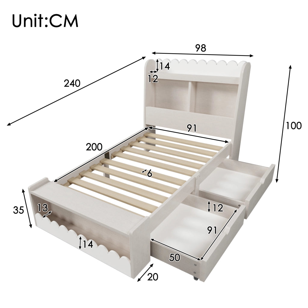 Letto per bambini in legno con 2 cassetti; mensole; panca contenitore e doghe; bianco e rovere chiaro; 90x200 cm; senza materasso