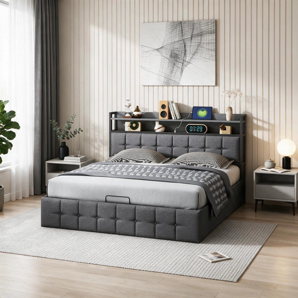 Letto matrimoniale 160x200 cm con contenitore LED USB testiera struttura letto MDF e PU - grigio
