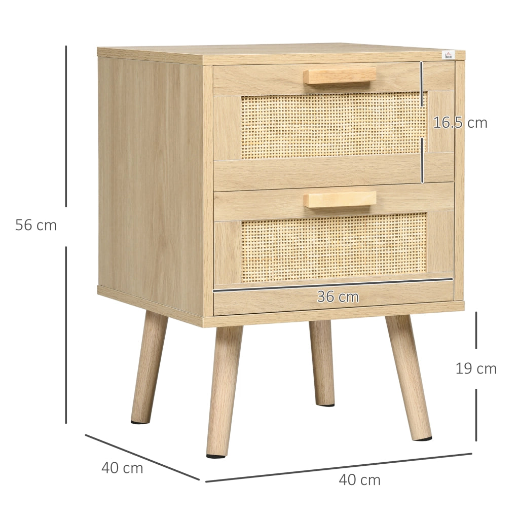 Set 2 Comodini per Camera da Letto Stile Boho con 2 Cassetti. 40x40x56cm. Legno Naturale