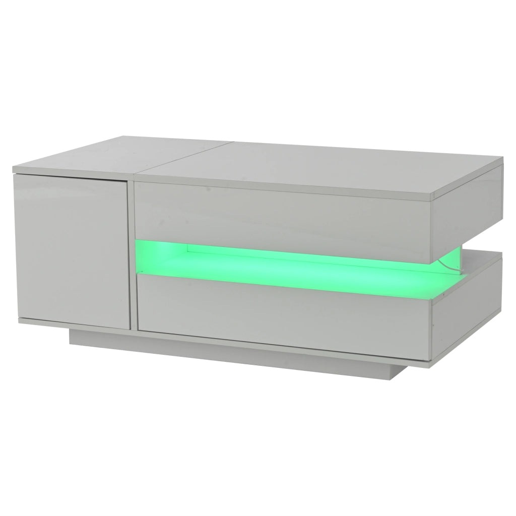 Tavolino da salotto sollevabile 90x50x34,5 cm, bianco lucido, cassetto, armadietto, vani nascosto/semiaperto e LED con app.