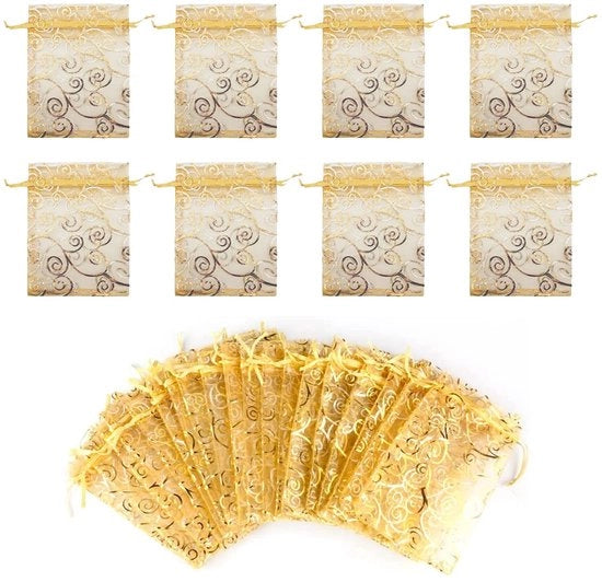 Set di borse regalo 110 pezzi - Borsa in raso di seta dorata - Translucida - Corda per trascinare - Accessori per matrimoni - Dimensioni 10 x 15 cm - Borse per regali