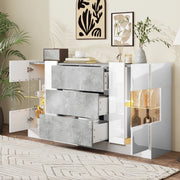 Sideboard moderno 140x35x75 cm con LED; 2 ante e 3 cassetti; bianco lucido e marmo grigio