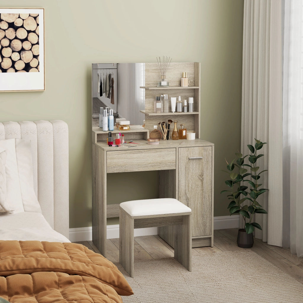 Toeletta con Sgabello Specchio Cassetto Ripiani Aperti Regolabile Anti-ribaltamento ¨C Xylo ¨C Beige Naturale