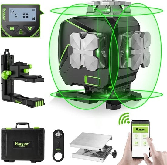 Livello laser automatico con 4 x 360° fasci verdi e schermo LCD - orizzontale e verticale