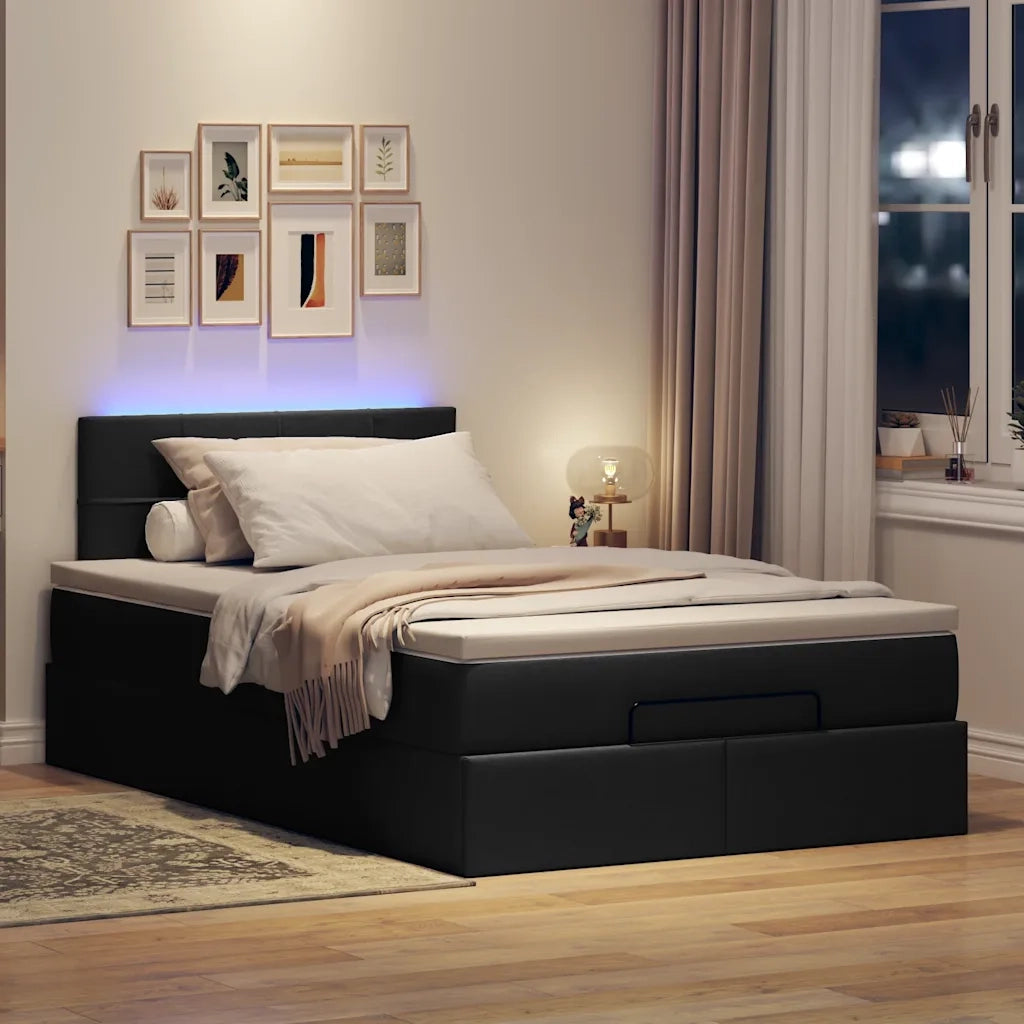 Pouf Letto con Materasso e LED Nero 120x190 cm in Tessuto