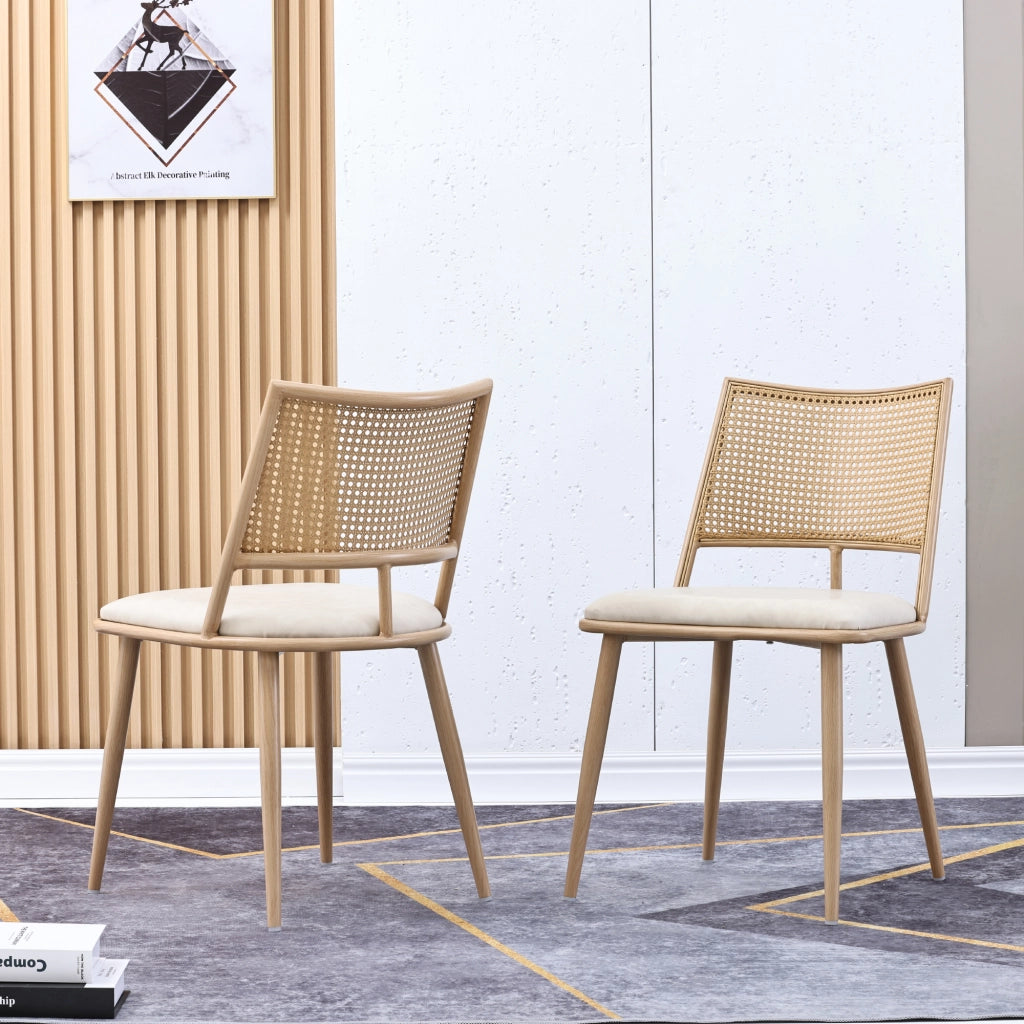 Sedia da Pranzo Set da 2 con Schienale in Rattan, Seduta Imbottita e Struttura in Metallo, Rattan Beige