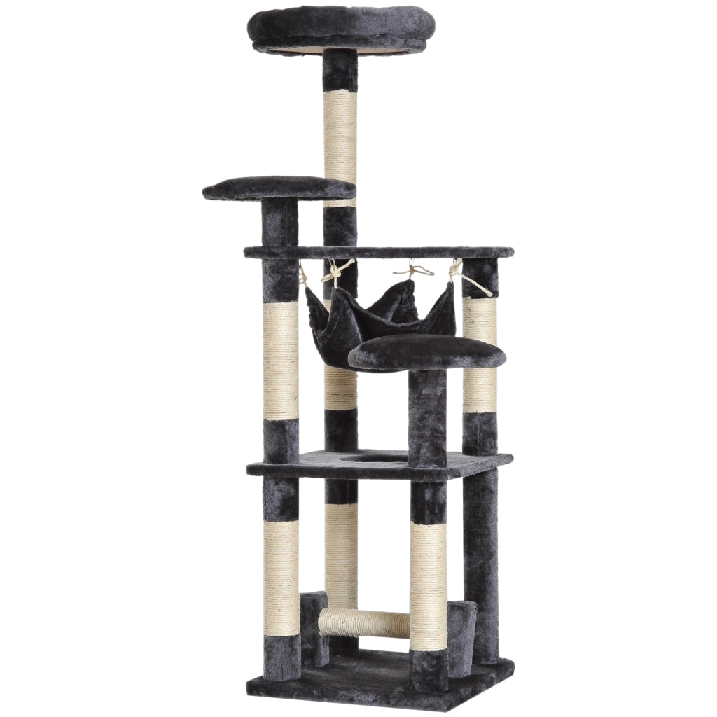 EasyComfort Albero Tiragraffi Giocattolo per Gatti a 4 Livelli con Amaca Cuccia Piattaforme in Peluche Sisal Naturale Altezza 132cm Grigio
