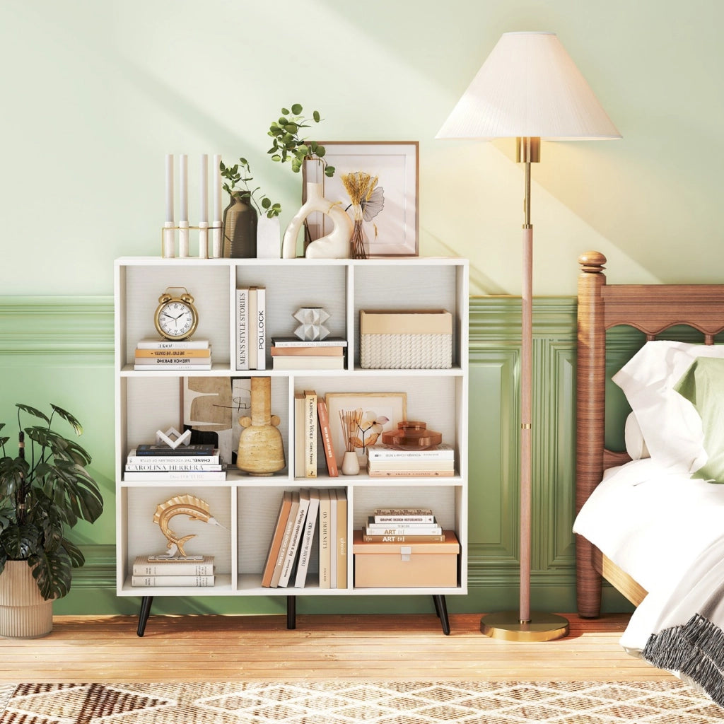 Organizzatore di stoccaggio moderno con 5 gambe di metallo affusolate, Libreria a 8 cubi studio camera da letto Bianco-Librerie
