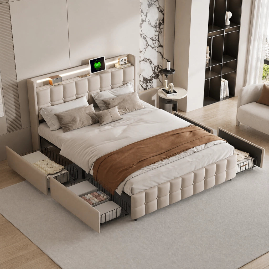 Letto matrimoniale 180x200 cm tessuto lino beige, testiera imbottita con luci RGB‑LED, porte USB, controllo app e telecomando, 4 cassetti contenitori su ruote, doghe in legno