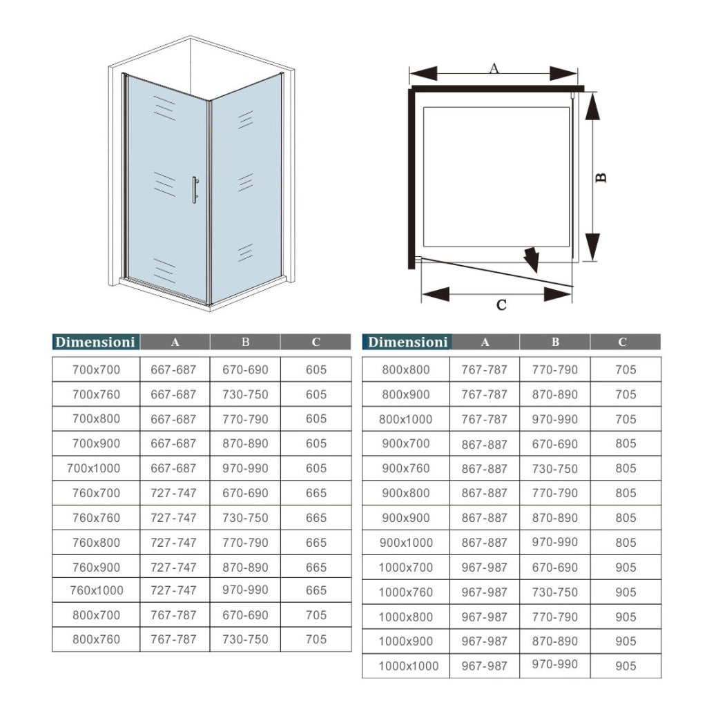 H.195cm Box Doccia Angolare Porta Battente con Lato Fisso 90x80cm Vetro Temperato 6mm Anticalcare Barra da 90 cm