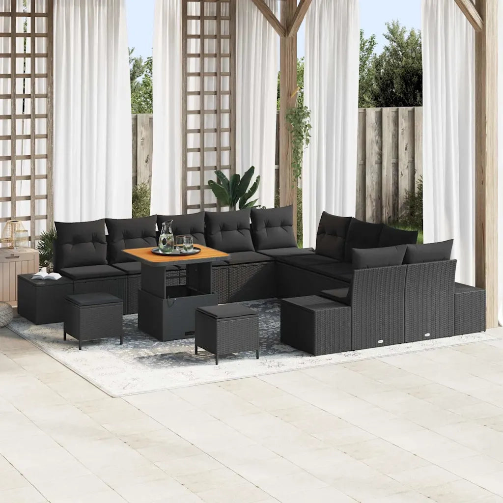 Set Divano da Giardino con cuscino 13 pcs Nero Poly Rattan