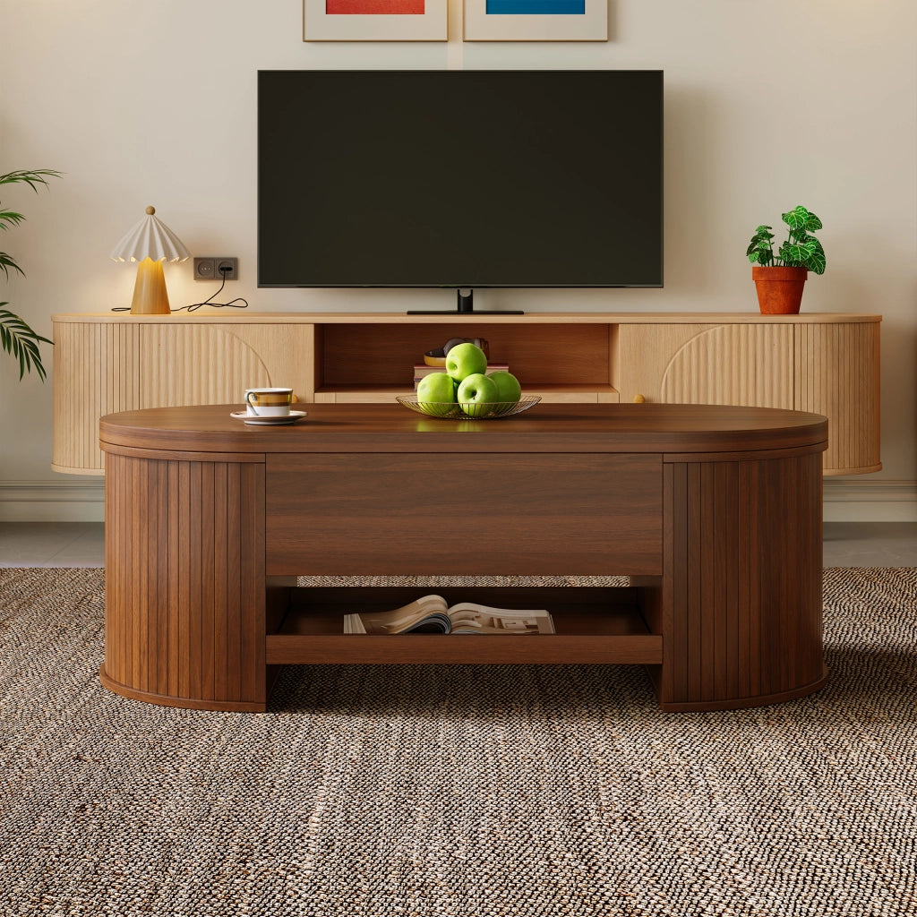 Tavolino da salotto sollevabile con spazio contenitivo e ripiano scorrevole per soggiorno, in MDF, noce naturale, 110 × 55,5 × 40 cm