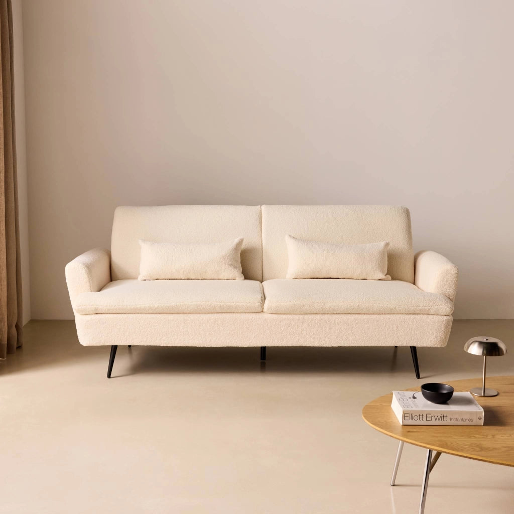 Divano letto in bouclé, 2–3 posti, crema