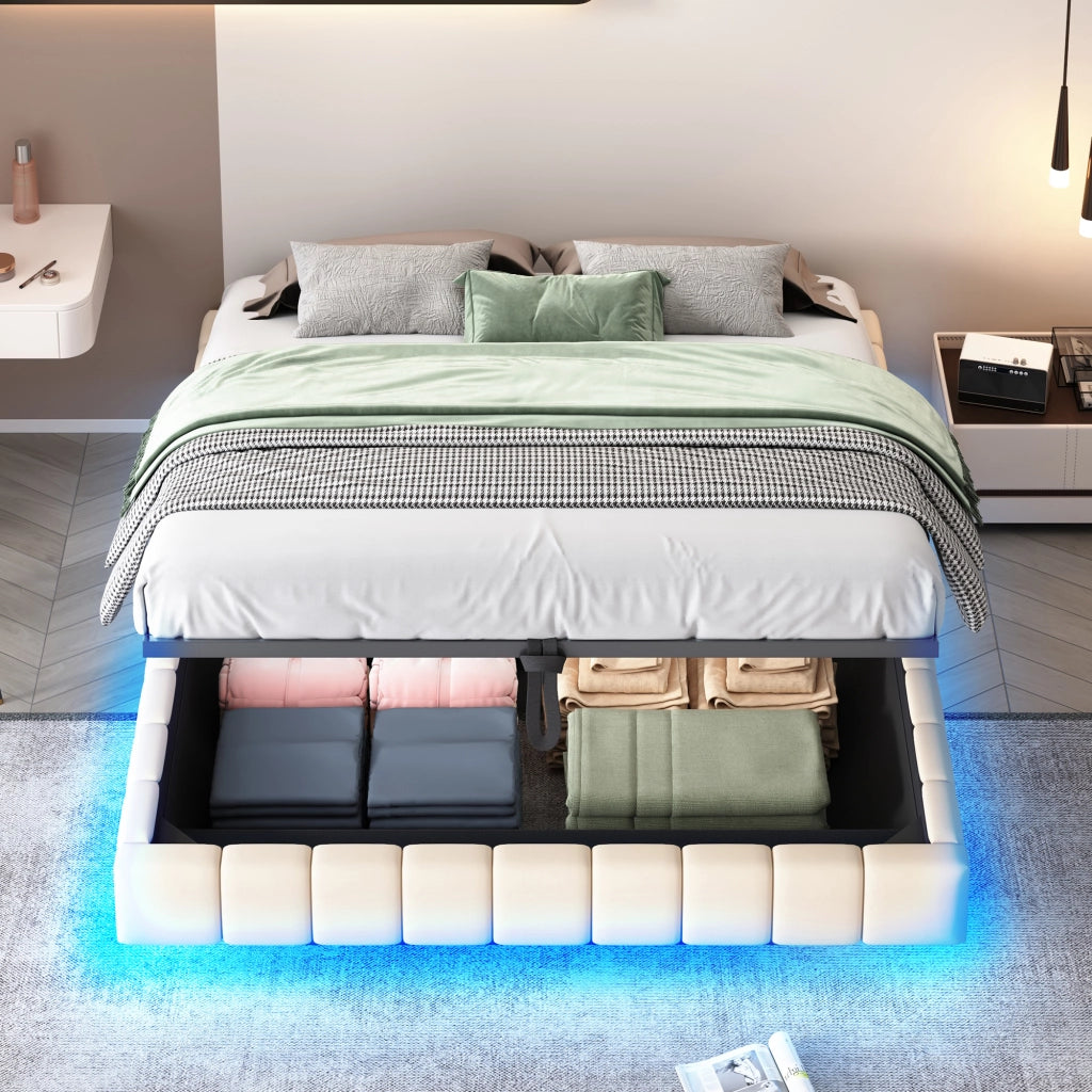 DESMIU Letto Contenitore Letto Matrimoniale con LED Regolabile e Vano Contenitore 160 × 200 cm, Senza Materasso