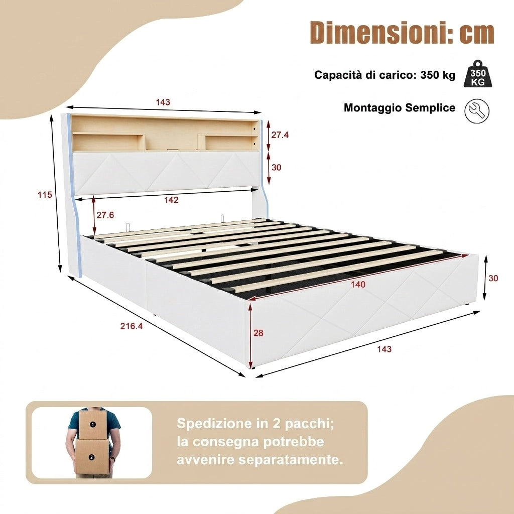 Letto matrimoniale 140x200 cm con contenitore LED USB Type-C testiera rete a doghe struttura letto metallo legno PU -bianco