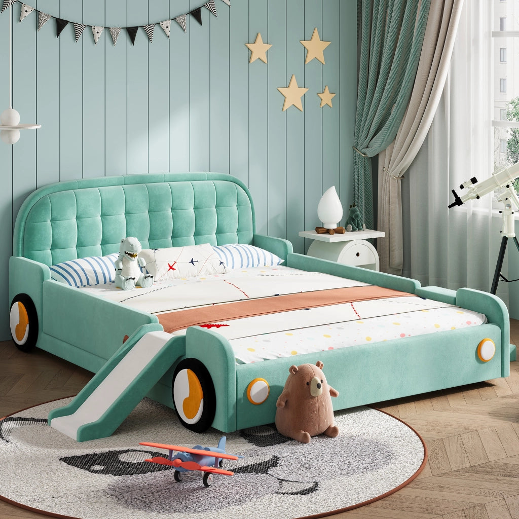 LETTO per bambini a forma di auto con scivolo e scala 140x200 cm velluto blu-verde
