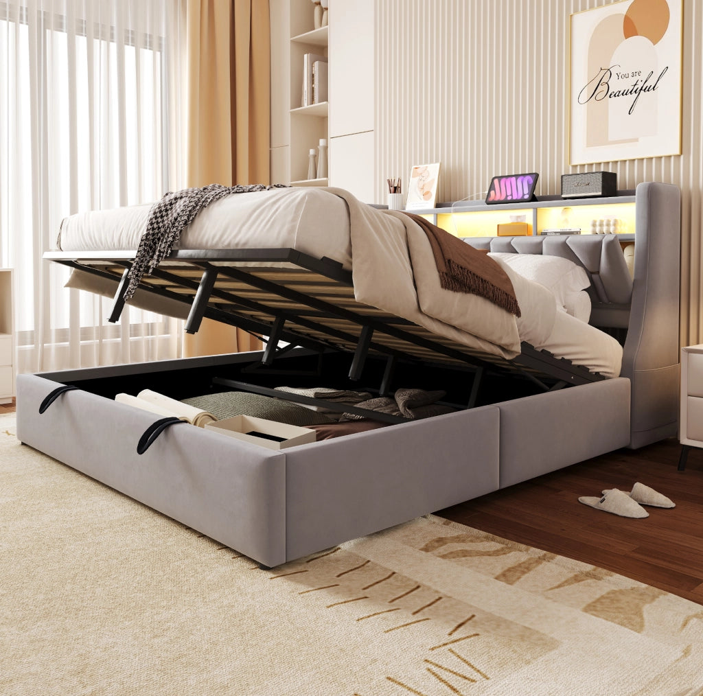 Letto contenitore imbottito 180x200 cm con LED, prese e testiera con vano
