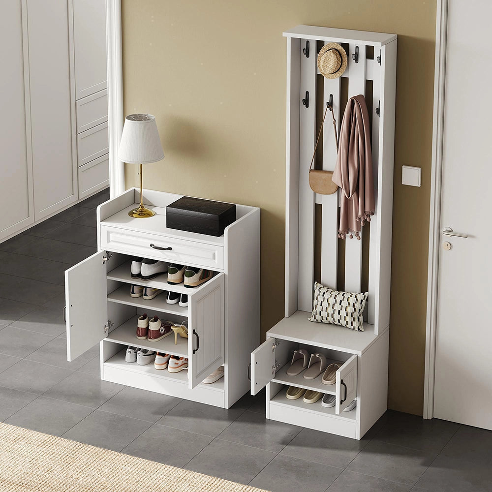 Set ingresso completo - Xylo - con armadio, panchina e appendiabiti, 8 ganci, 4 ante, 1 cassetto, 125x36x190 cm
