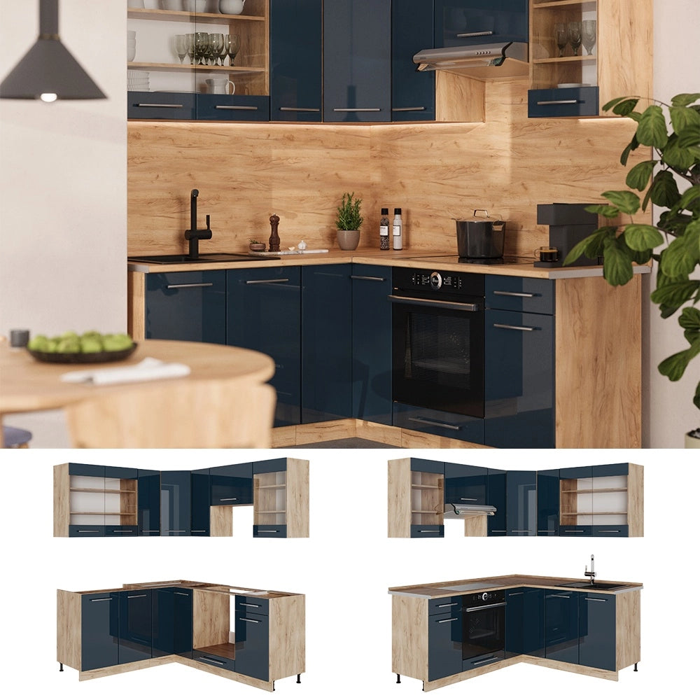 Cucina ad angolo Fame-Line Blu scuro lucido/Rovere dorato 190 x 160 cm, PL Marmo Vicco