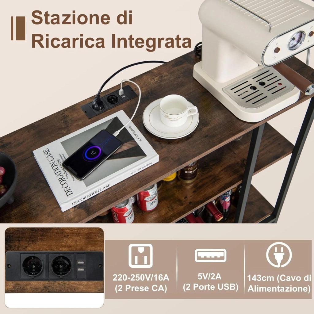 Mobile Bar Vino, Portabottiglie Industriale con 3 Ripiani, Porta Calici, Porte USB e Prese, Mobile Portabottiglie di Vino con Struttura in Metallo, 113 x 35 x 85 cm (Grigio)