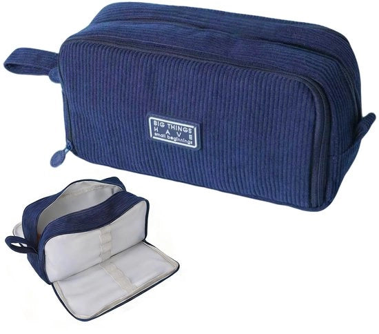 Pennenetui in corduroy, 3 compartimenti, per adolescenti, unisex, grande capacità, adatto per uso in scuole e uffici, Blu scuro, 22,5 × 8 × 12 cm, Stile moderno