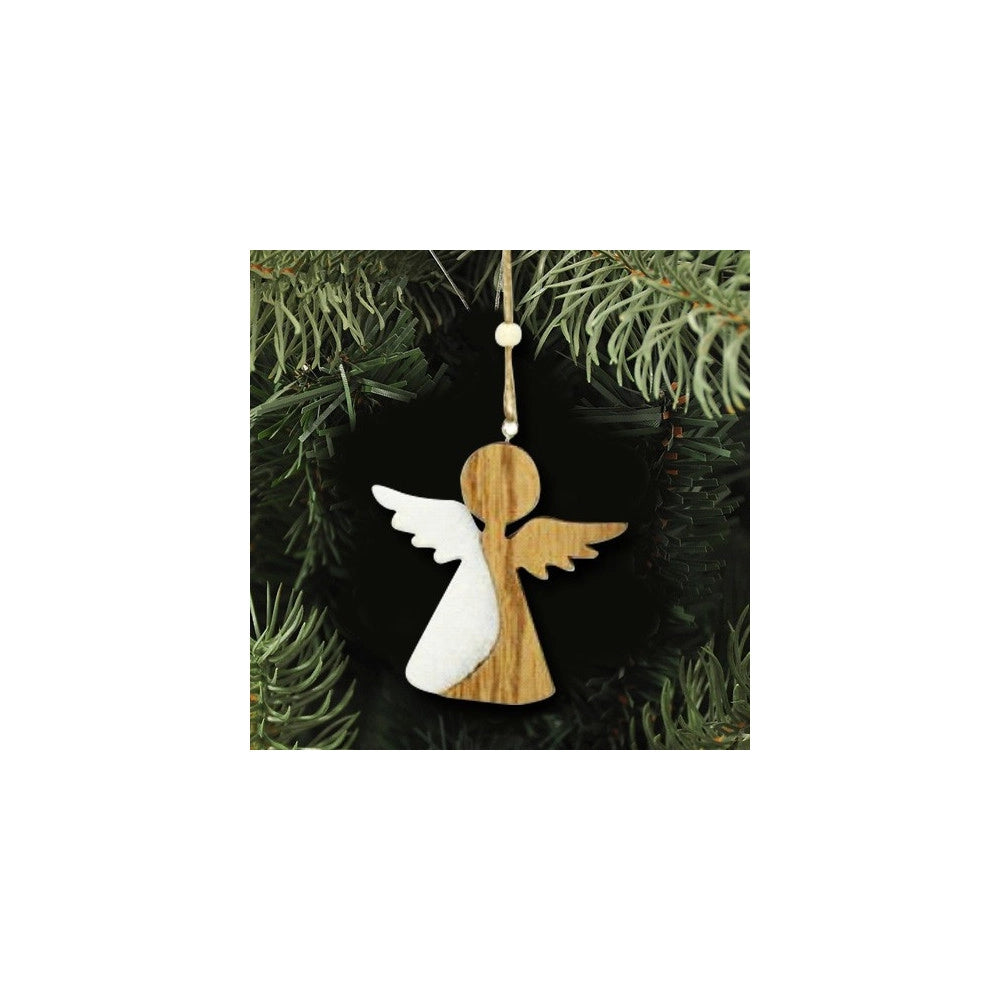 Trade Shop - 4 Appendini Natale In Legno Ovatta Forma Stella Albero Angelo Cuore 11cm Bianco -