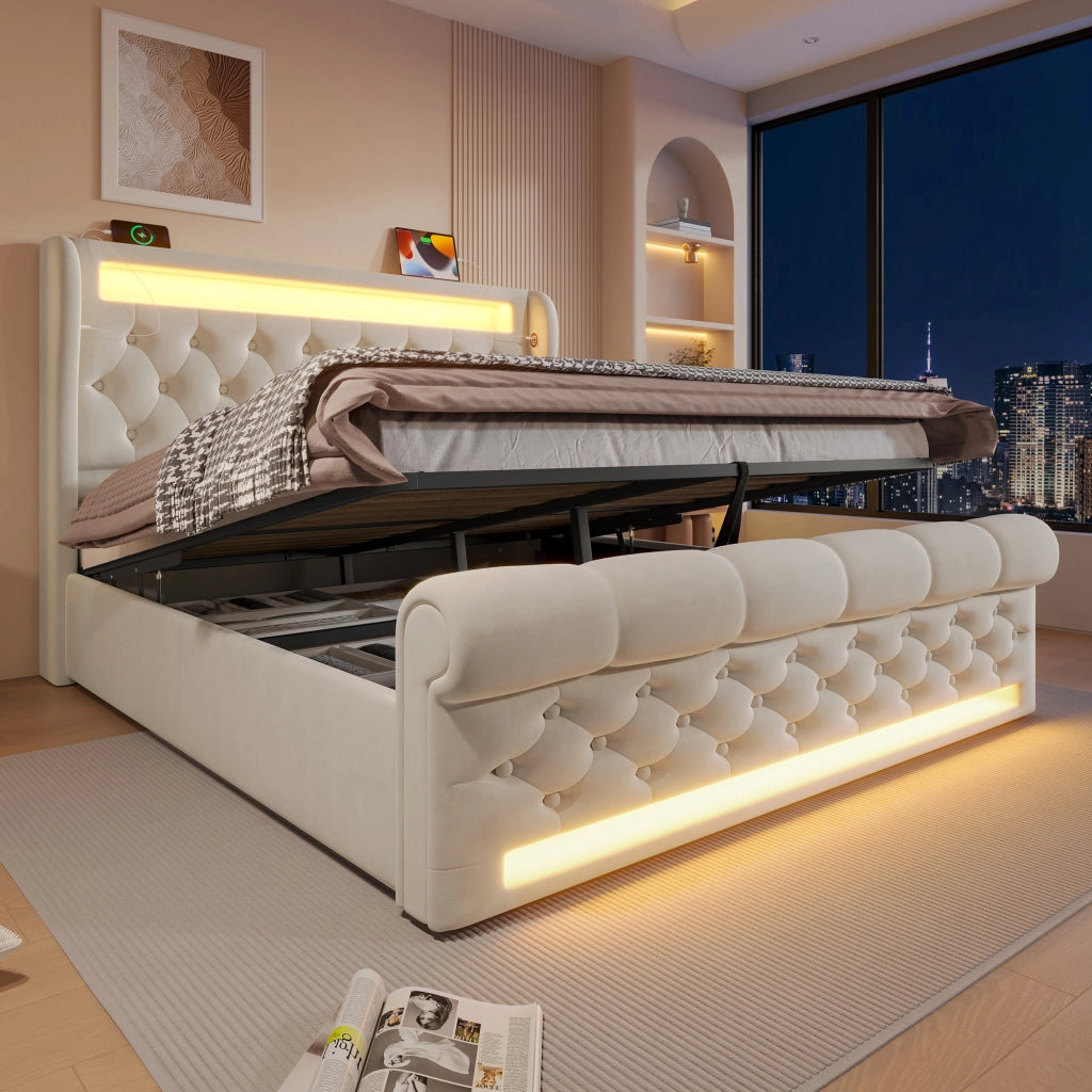 Letto Contenitore Matrimoniale Imbottito con LED ¨C MINIMAL ¨C Velluto Beige 140x190, Testiera USB, Idraulico