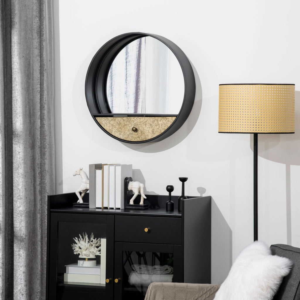 EasyComfort Specchio da Parete Rotondo da Ø61cm con Cassetto e Cornice in Metallo Nero