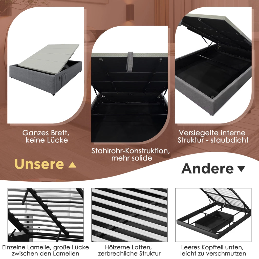 LETTO Contenitore 140x200 cm Grigio in lino con USB e Type-C