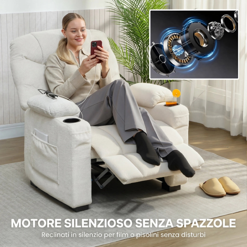 Poltrona Relax Elettrica 94x90x105 cm Reclinabile 150° con Poggiapiedi Funzione Memory Telecomando in Velluto Crema