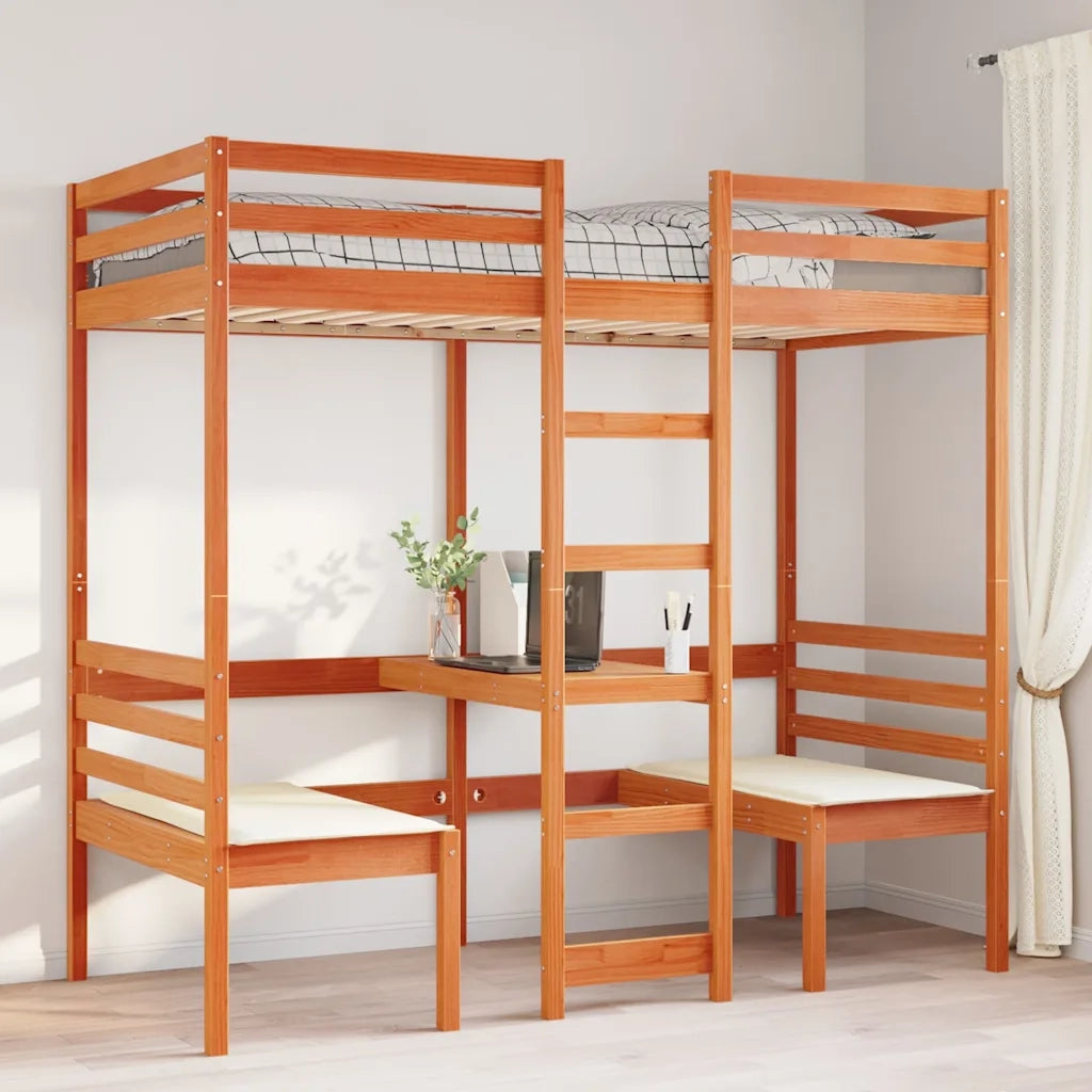 Giroletto Soppalco Scrivania e Sedie-Struttura Letto Marrone Cera 80x200cm Pino