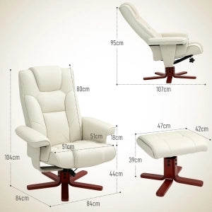 POLTRONA Relax con sgabello 84x84x104 cm Pelle rigenerata Bianco crema Set 2 pezzi