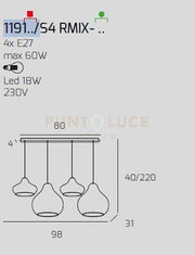 SOSP. OTTONE SATINATO 4 LUCI RETTANGOLARE VETRI (2 X PICCOLO + 2 X GRANDE) TUTTI RUBINO 1191OS-S4 RMIX-RU