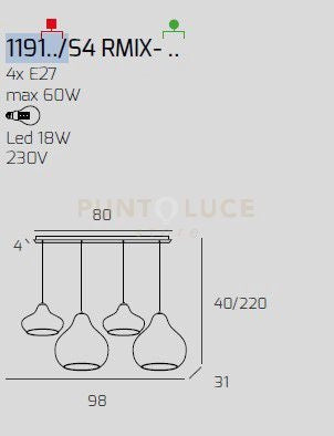 SOSP. OTTONE SATINATO 4 LUCI RETTANGOLARE VETRI (2 X PICCOLO + 2 X GRANDE) TUTTI RUBINO 1191OS-S4 RMIX-RU
